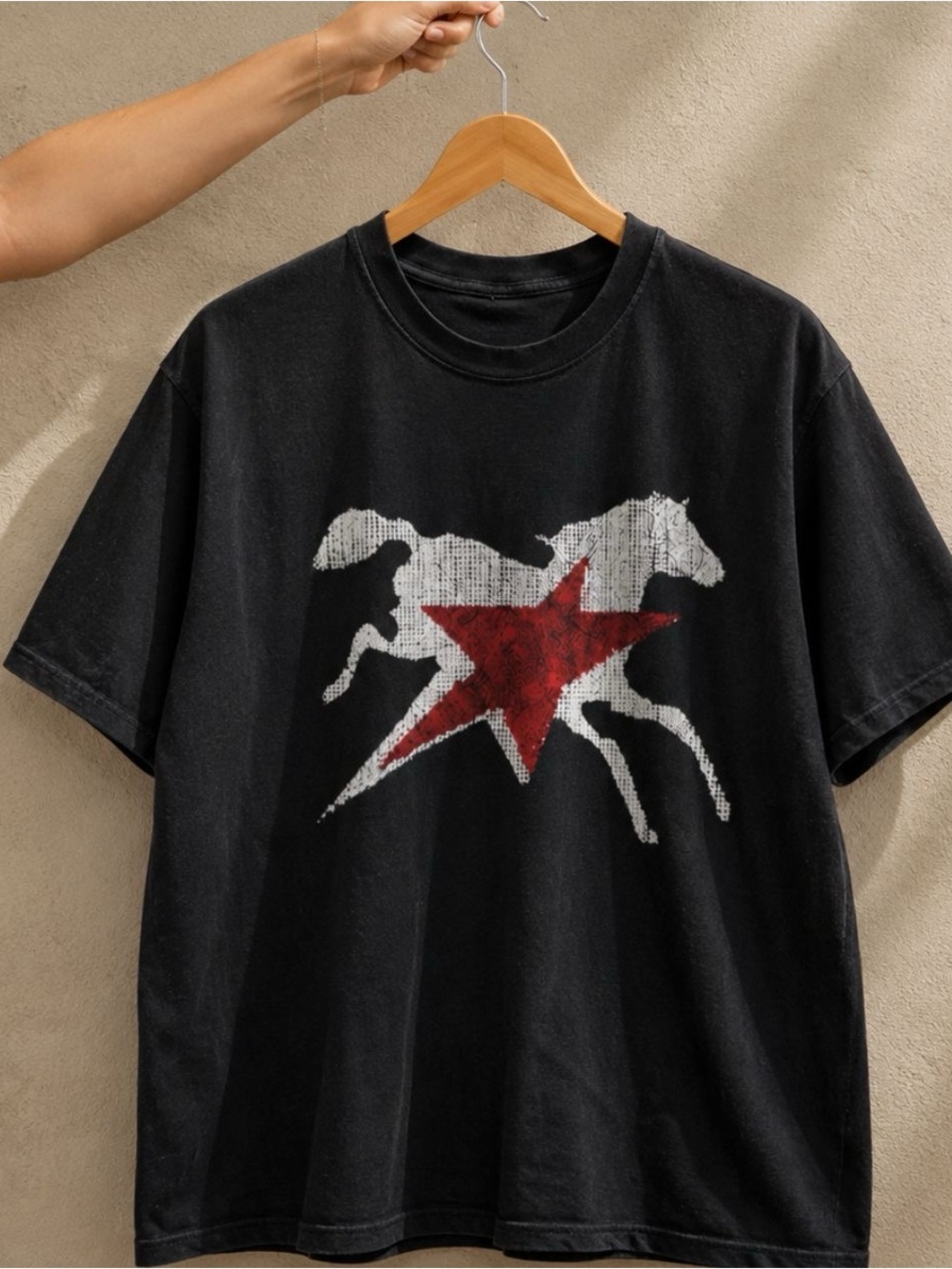 Gildan Black Short-Sleeve Tee with White Horse & Red Star Graphic